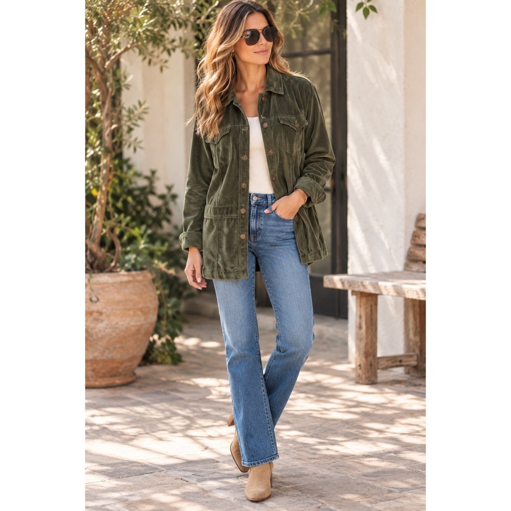French Kuff Womens Olive Green Cotton Velvet Utility Jacket Large Earthy